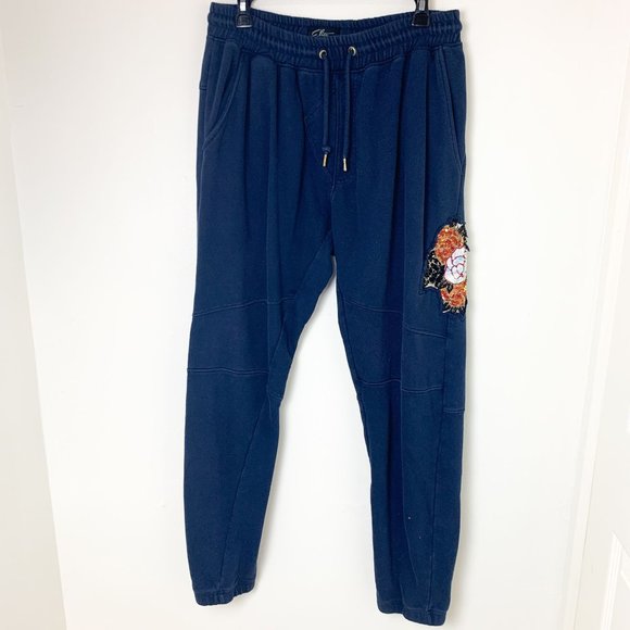 Elite Denim blue joggers floral embroidered large - Picture 1 of 7